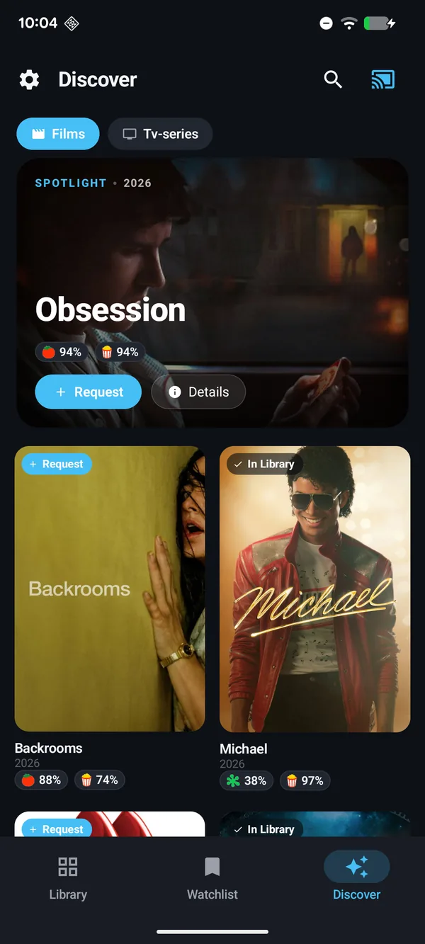 Poptonium Discover screen with Request buttons for titles not yet in the library, powered by Overseerr