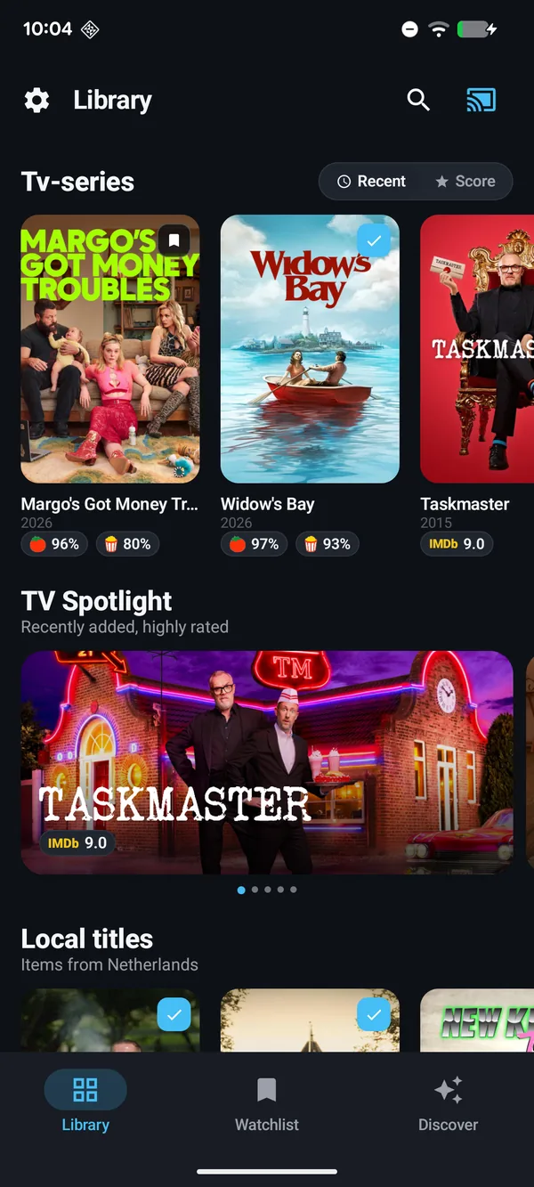 A Poptonium Plex library with a 'Local titles' custom section and titles showing Rotten Tomatoes and IMDb ratings