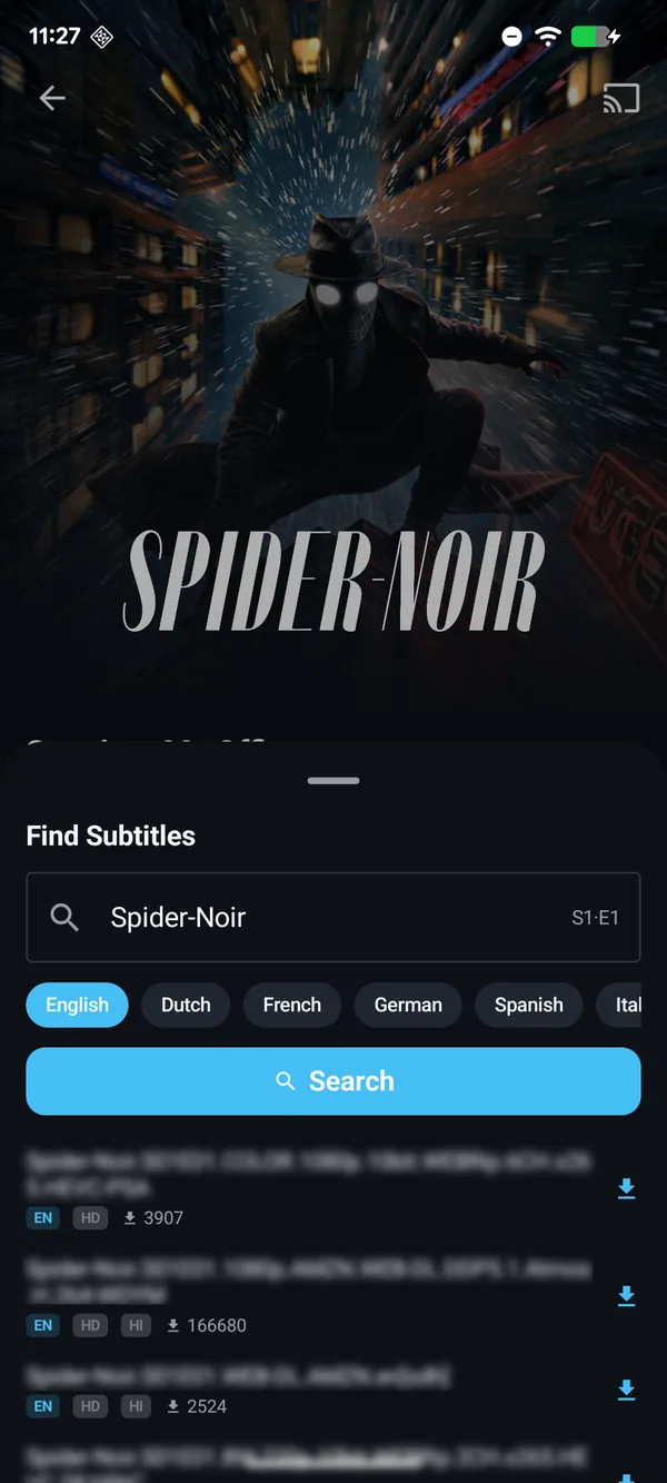 Poptonium Find Subtitles screen with language options and downloadable subtitle results